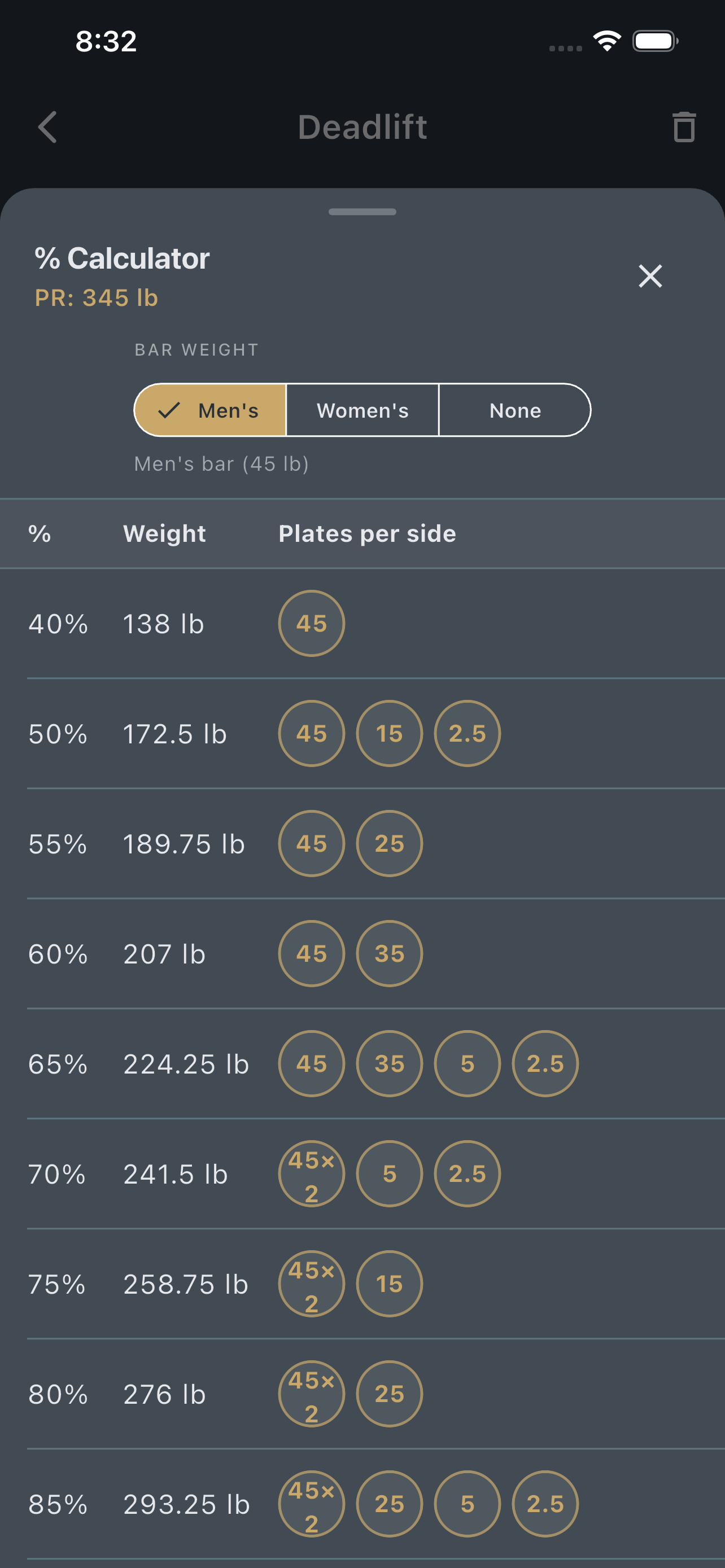 PR calculator screen